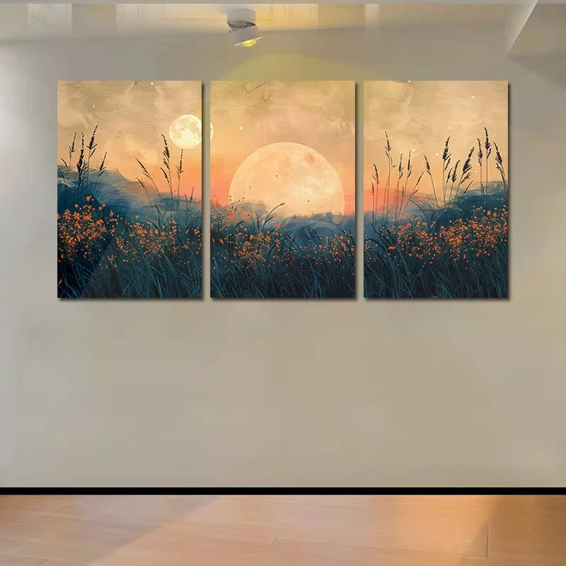 3pcs Moonlit Meadow with Wildflowers, Sunflowers Wall Art Set Canvas Framed 60x90cm - High Quality Print 100% Australian Made Wall Canvas Ready to Hang