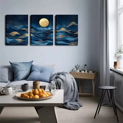 3pcs Blue Abstract Mountain And Moon Wall Art Canvas Unframed - High Quality Print 100% Australian Made Wall Canvas - Bella Home Decor