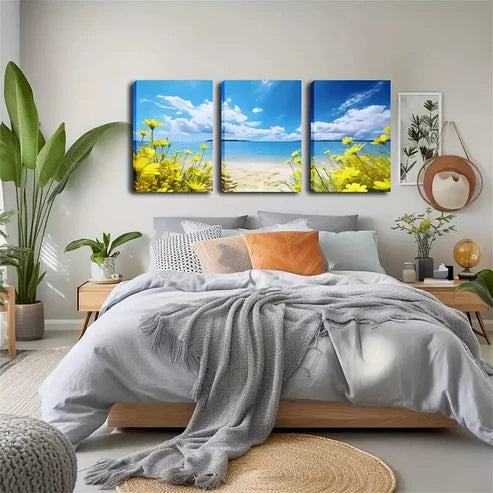 3pcs Yellow Flowers On The Beach Wall Art Set Wall Art Canvas Unframed - High Quality Print 100% Australian Made Wall Canvas