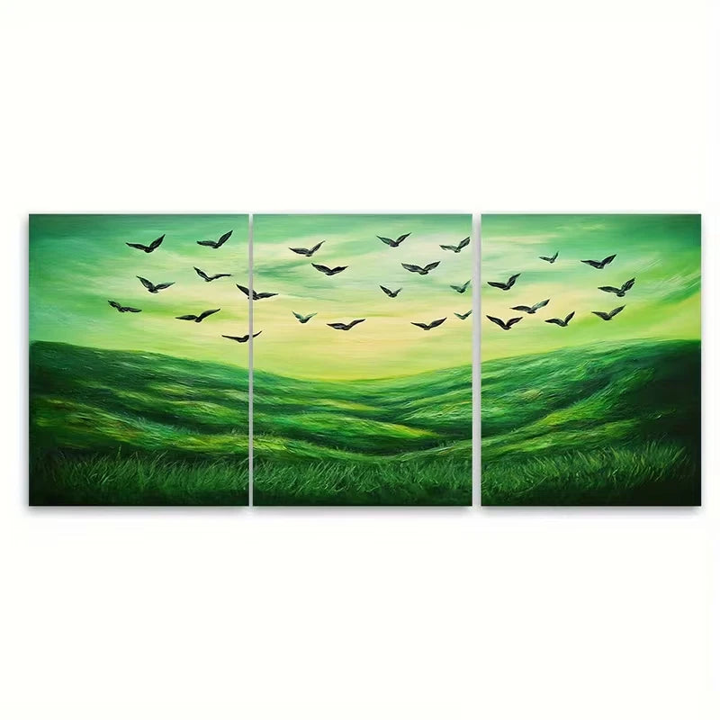 3pcs Green Landscape Birds Textured Wall Art Set Canvas Framed 60x90cm - High Quality Print 100% Australian Made Wall Canvas Ready to Hang