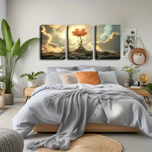 3pcs Vibrant Orange Flower On Rocks Perfect Wall Art Canvas Unframed - High Quality Print 100% Australian Made Wall Canvas