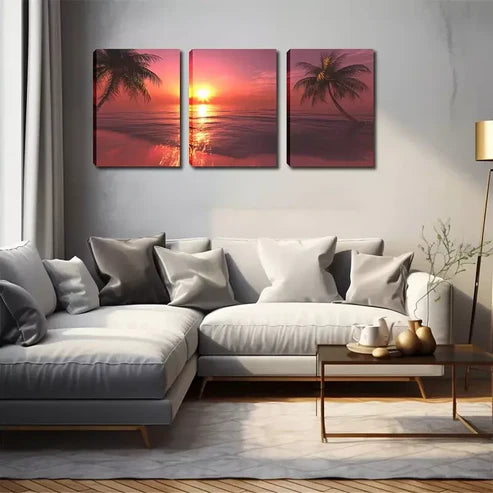 3pcs Ocean, Sunset, Coconut Tree Wall Art Canvas Unframed - High Quality Print 100% Australian Made Wall Canvas