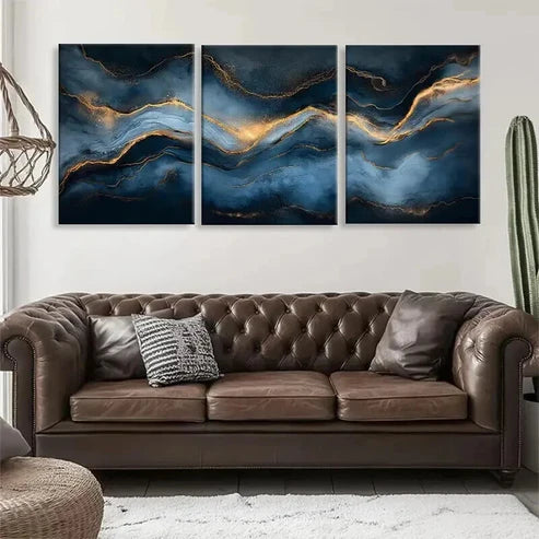 3pcs Abstract Blue and Golden Marble-Inspired Wall Art Canvas Unframed - High Quality Print 100% Australian Made Wall Canvas