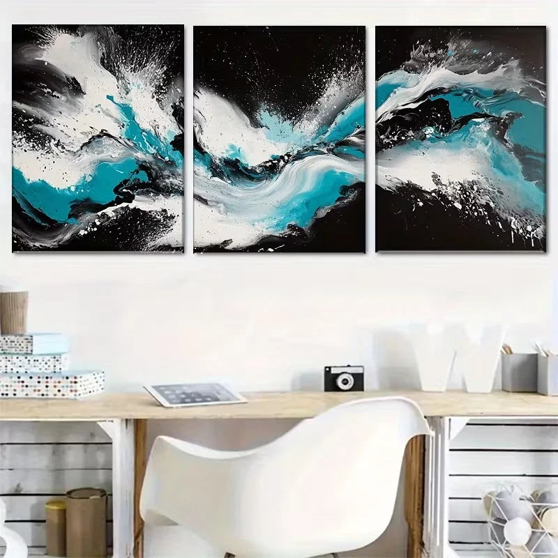 3pcs Black, White, And Turquoise Abstract Metal Print Ready to Hang Art