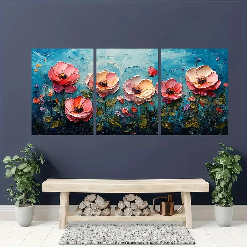 3pcs Pink Rose in an Impasto Style Metal Print Ready to Hang Art