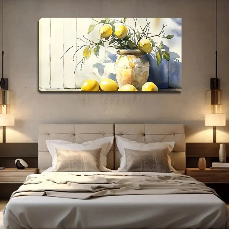 Lemon Branch In Pot Design Wall Art Canvas Office Home Room Framed 120x60cm
