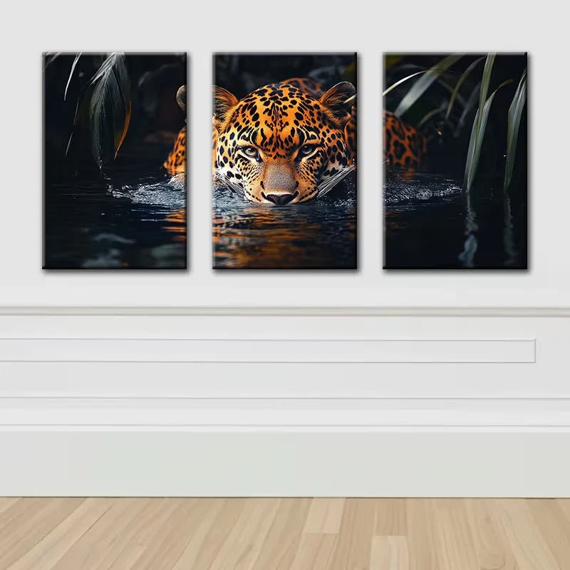 3pcs Luxurious Swimming Leopards Wall Art Set Canvas Framed 60x90cm - High Quality Print 100% Australian Made Wall Canvas Ready to Hang
