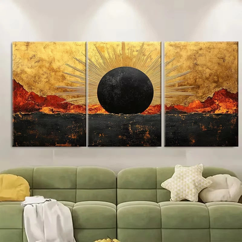 3pcs Sunburst Angular Golden and Black Metal Print Ready to Hang Art