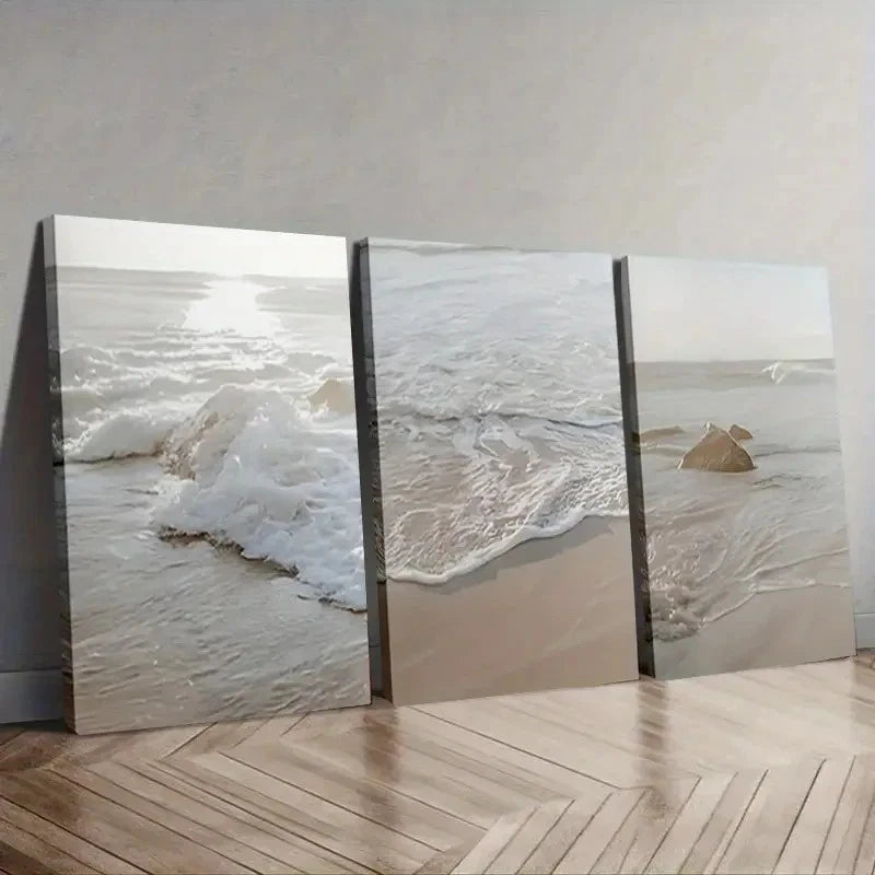 3pcs Ocean Scene with Sandy Shore & Wave Crests Wall Art Set Canvas Framed 50x70cm - High Quality Print 100% Australian Made Wall Canvas Ready to Hang