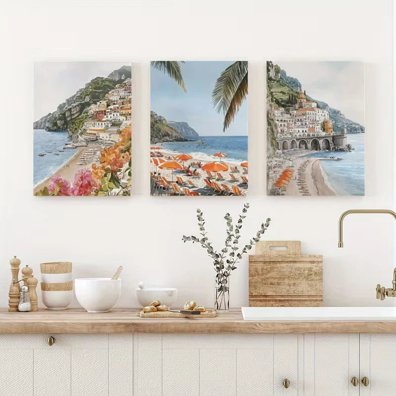 3pcs Italian Photography Blue Amalfi Coast Metal Print Ready to Hang Art