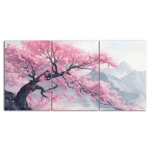 Cherry Blossom Tree Mountain Scenery Art Set Canvas Unframed - High Quality Print 100% Australian Made Wall Canvas