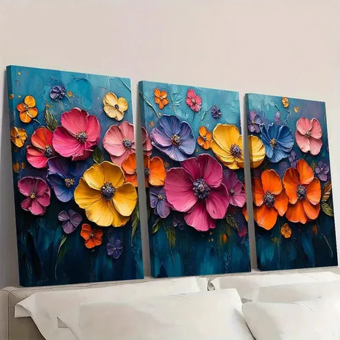 3pcs Colorful Textured Flower Wall Art Canvas Unframed - High Quality Print 100% Australian Made Wall Canvas