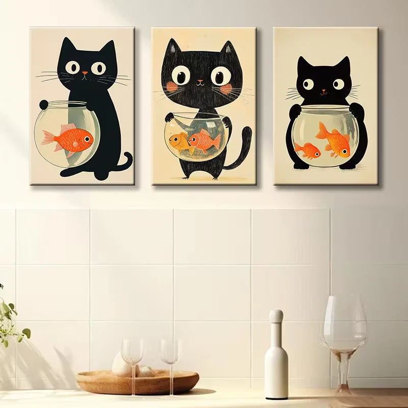 3pcs Black Cat and Fish Tank Illustration Wall Art Set Canvas Framed 60x90cm - High Quality Print 100% Australian Made Wall Canvas Ready to Hang