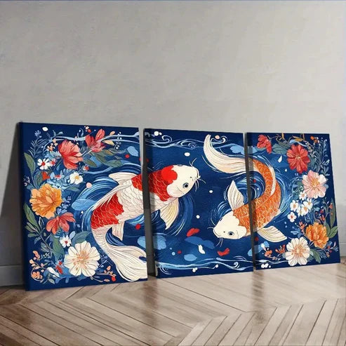 3pcs Red and White Koi Fish with Vibrant Floral Wall Art Set Canvas Unframed - High Quality Print 100% Australian Made Wall Canvas