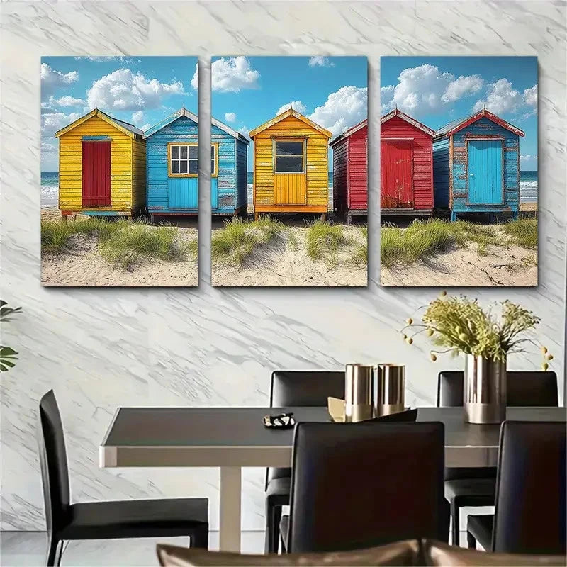 3pcs Vibrant Melbourne Beach Huts Metal Print Ready to Hang Art