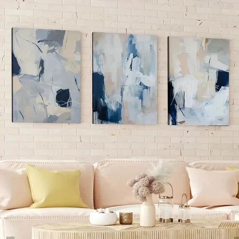 3pcs Abstract Brush Stroke Geometric Modern Blue Wall Art Canvas Unframed - High Quality Print 100% Australian Made Wall Canvas - Bella Home Decor