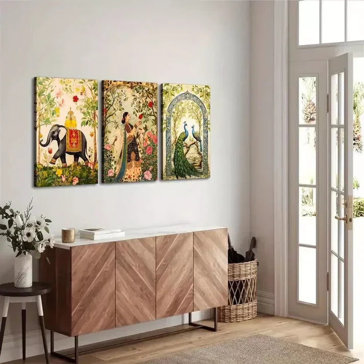 3pcs Woman in Garden, Peacock & Elephant Wall Art Canvas Unframed - High Quality Print 100% Australian Made Wall Canvas