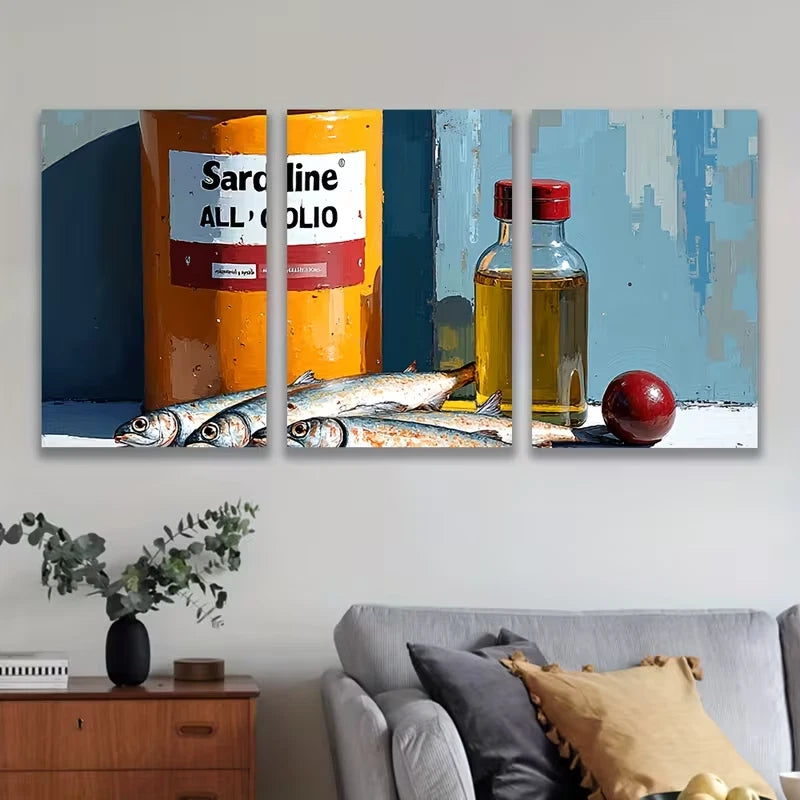 3pcs Vibrant Sardine & Olive Oil Scene Metal Print Ready to Hang Art