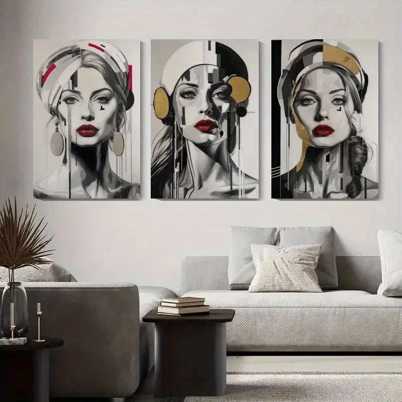 3pcs Elegant Women with Bold Red Wall Art Set Canvas Framed 50x70cm - High Quality Print 100% Australian Made Wall Canvas Ready to Hang
