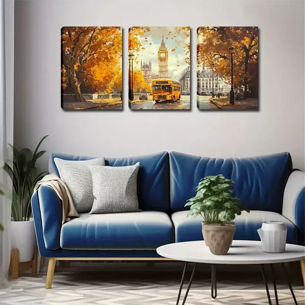 3pcs Refreshing, Autumn In London, Bus Wall Art Set Canvas Framed 60x90cm - High Quality Print 100% Australian Made Wall Canvas Ready to Hang - Bella Home Decor