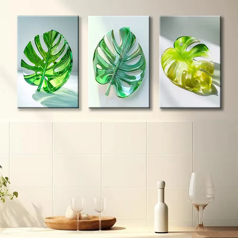 3pcs Clear Stained Glass Leaves Design Wall Art Set Canvas Framed 60x90cm - High Quality Print 100% Australian Made Wall Canvas Ready to Hang