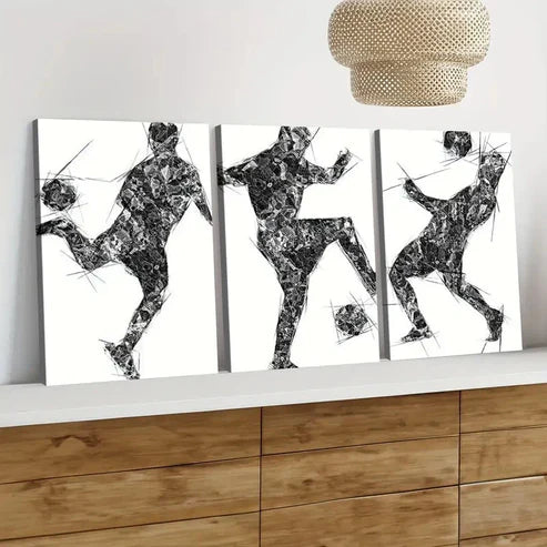3pcs Football Black & White Men Black Lines Wall Art Canvas Unframed - High Quality Print 100% Australian Made Wall Canvas - Bella Home Decor