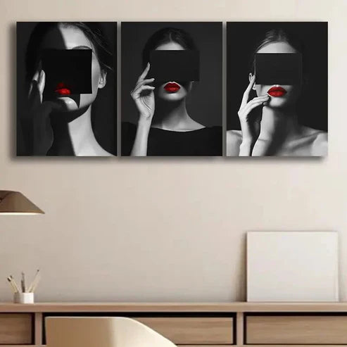3pcs Modern Black and White Woman with Red Wall Art Set Canvas Unframed - High Quality Print 100% Australian Made Wall Canvas