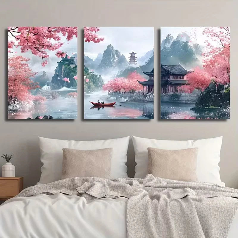 3pcs Japanese Pagoda & Cherry Blossom Landscape Metal Print Ready to Hang Art