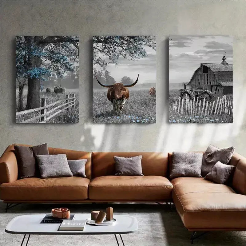 3pcs Highland Cow Wall Art Farmhouse Canvas Framed 40x60cm - High Quality Print 100% Australian Made Wall Canvas Ready to Hang - Bella Home Decor