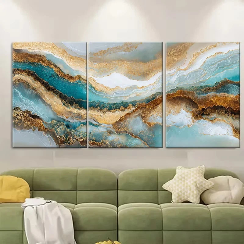 3pcs Luxury Golden Seascape Artwork Metal Print Ready to Hang Art