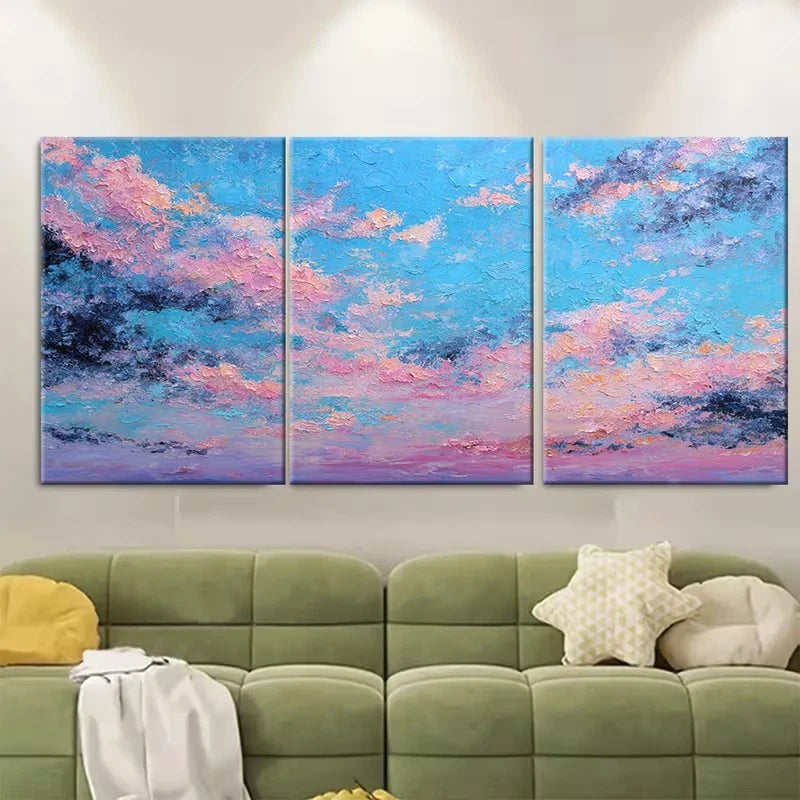3pcs Rosy Clouds, Blue Sky Abstract Metal Print Ready to Hang Art