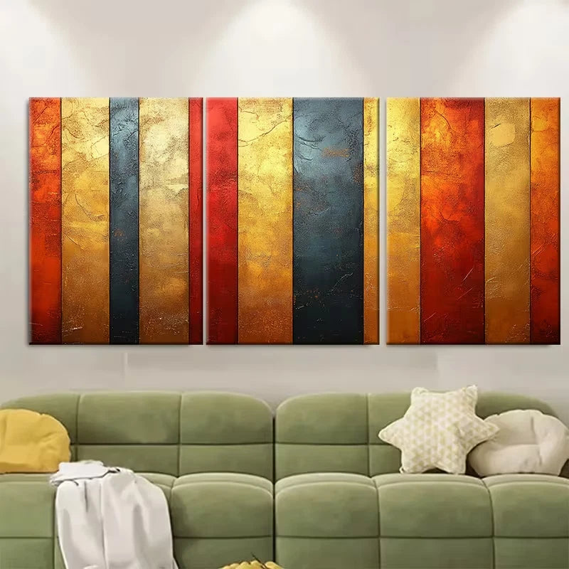 3pcs Abstract Striped Fiery Orange and Golden Metal Print Ready to Hang Art