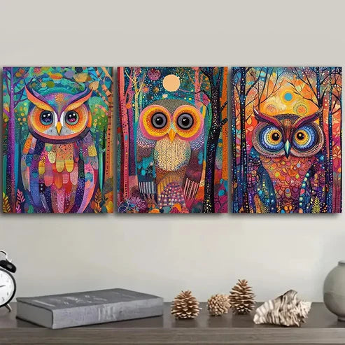3pcs Owl, Psychedelic (7) Wall Art Canvas Unframed - High Quality Print 100% Australian Made Wall Canvas