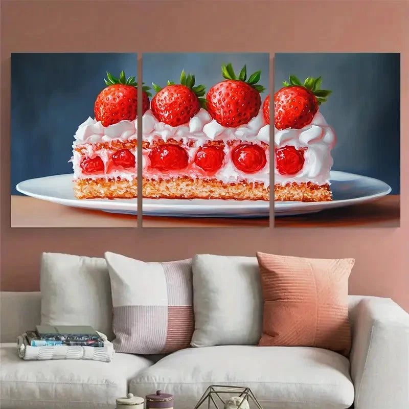 3pcs Strawberry Cake Food Illustration Wall Art Set Canvas Framed 40x60cm - High Quality Print 100% Australian Made Wall Canvas Ready to Hang - Bella Home Decor