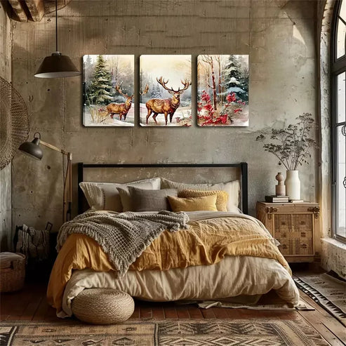 3pcs Moose in Snow Triptych Wall Art Set Wall Art Canvas Unframed - High Quality Print 100% Australian Made Wall Canvas