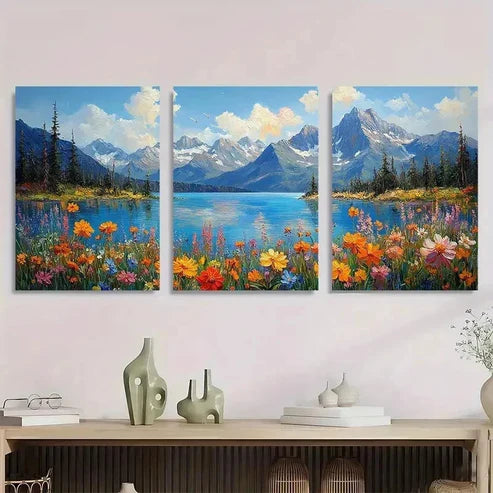 3pcs Mountain Scenery Colorful Flower Wall Art Set Canvas Unframed - High Quality Print 100% Australian Made Wall Canvas
