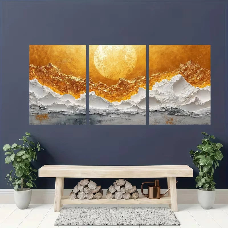 3pcs Golden Textured Abstract Design Metal Print Ready to Hang Art