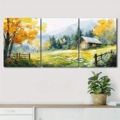 3pcs Beautiful Autumn Scenery Log Cabin Perfect Wall Art Canvas Unframed - High Quality Print 100% Australian Made Wall Canvas - Bella Home Decor