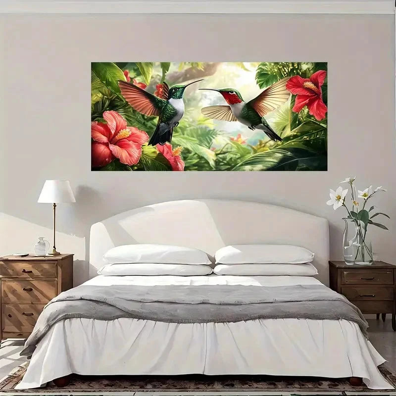 Tropical Garden Hummingbird Wall Art Canvas Office Home Room Framed 120x60cm