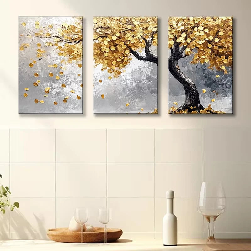3pcs Luxurious Golden Leaf Tree Illustration Wall Art Set Canvas Framed 60x90cm - High Quality Print 100% Australian Made Wall Canvas Ready to Hang