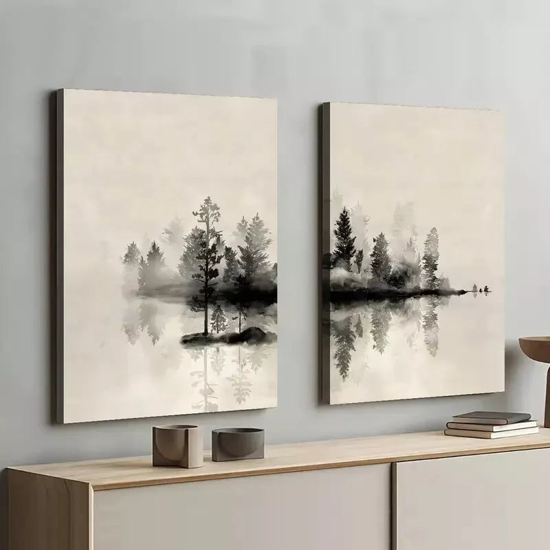 2pcs Abstract Trees And Lake Painting Framed 50x75cm - High Quality Print 100% Australian Made Wall Canvas Ready to Hang - Bella Home Decor