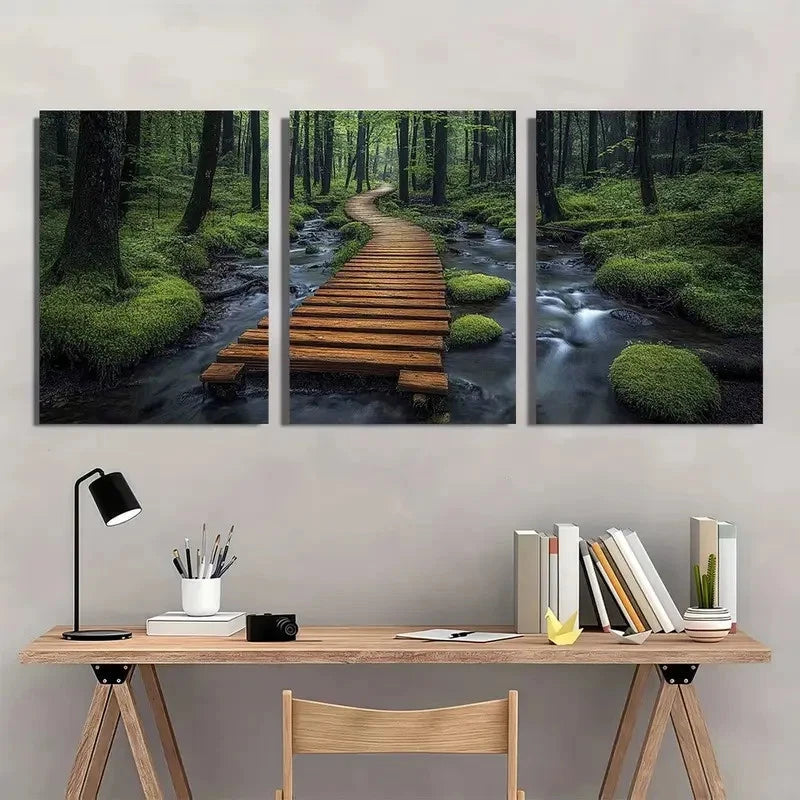 3pcs Boardwalk Stream Vibrant Green Foliage Wall Art Set Canvas Framed 60x90cm - High Quality Print 100% Australian Made Wall Canvas Ready to Hang