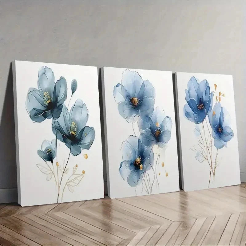 3pcs Modern Abstract Blue Floral Wall Art Set Canvas Framed 60x90cm - High Quality Print 100% Australian Made Wall Canvas Ready to Hang