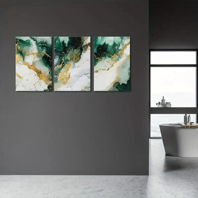 3pcs Green, Golden & White Swirls on Canvas Canvas Framed 50x70cm - High Quality Print 100% Australian Made Wall Canvas Ready to Hang