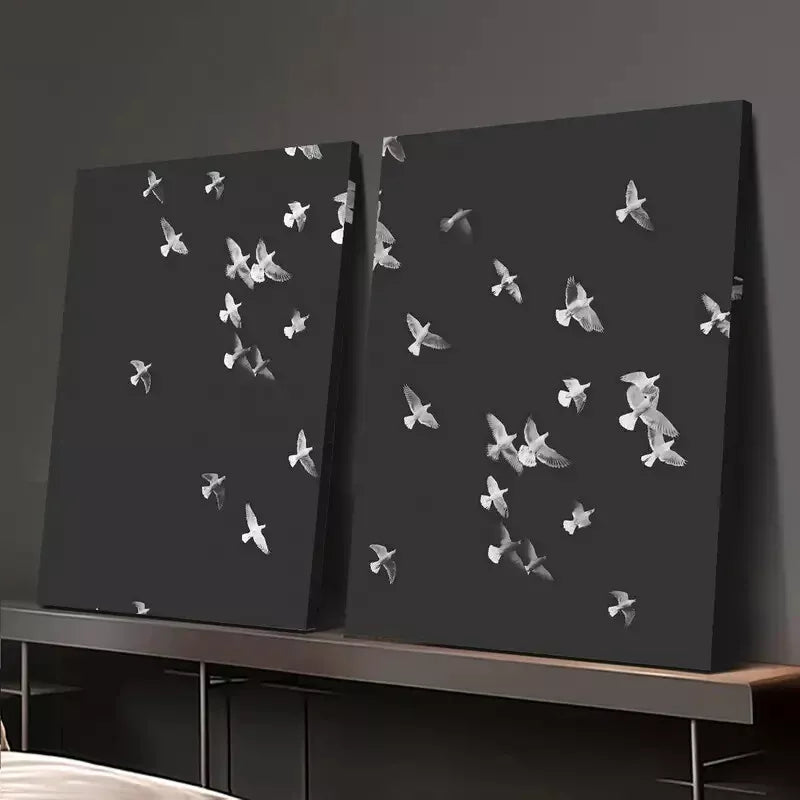 2pcs Black and White Minimalist Flying Bird, Birds Illustration Canvas Framed 50x75cm - High Quality Print 100% Australian Made Wall Canvas Ready to Hang - Bella Home Decor