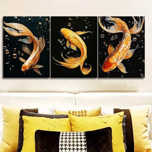 3pcs Yellow Koi Fish Black Background Wall Art Set Canvas Unframed - High Quality Print 100% Australian Made Wall Canvas