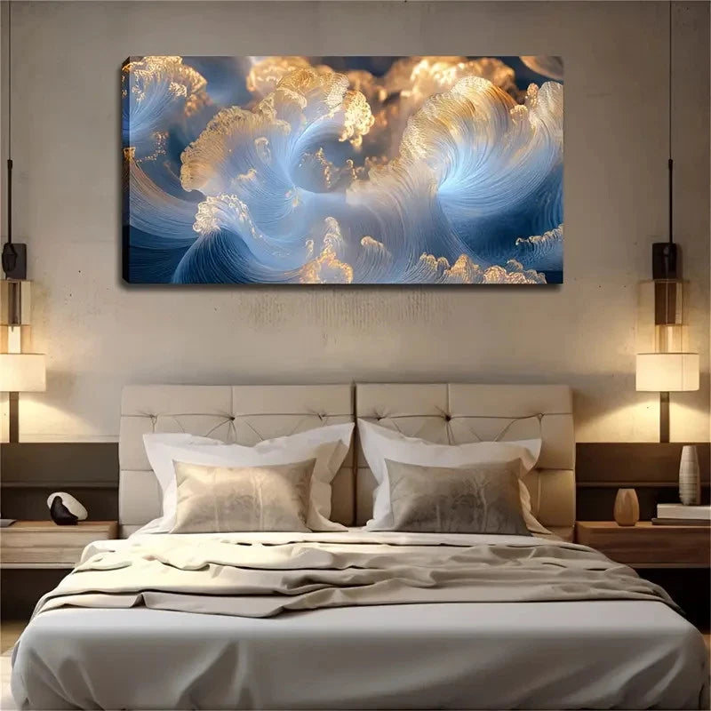 Lines in Blue & Golden Wall Art canvas office home room framed 120x60cm