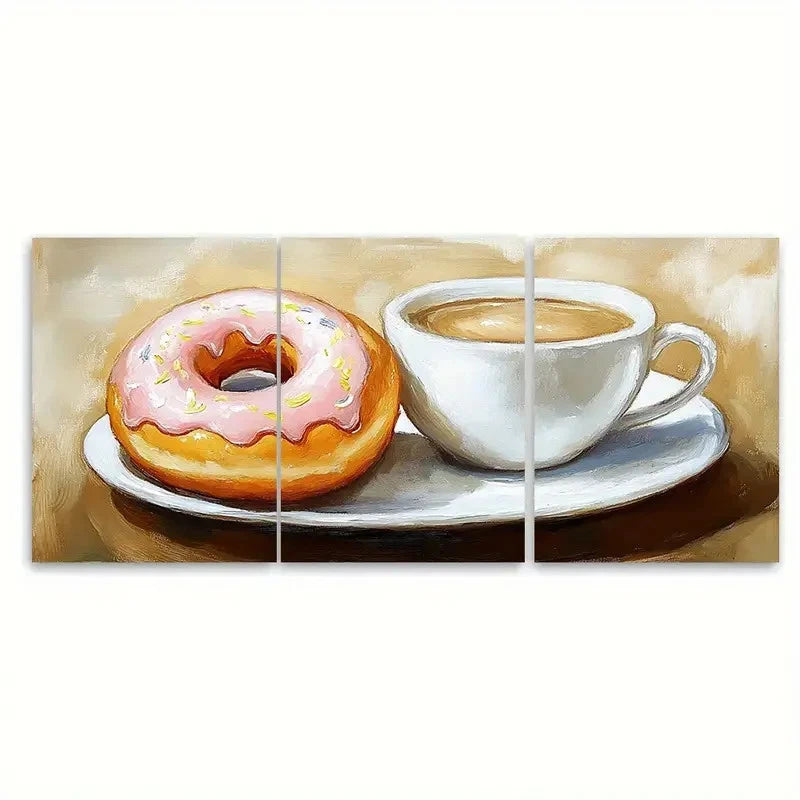 3pcs Coffee and Donut Painting Breakfast Wall Art Set Canvas Framed 40x60cm - High Quality Print 100% Australian Made Wall Canvas Ready to Hang - Bella Home Decor