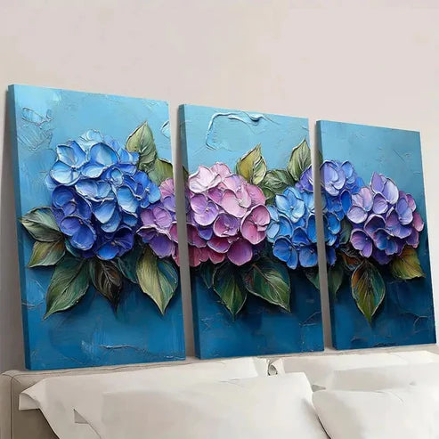 3pcs Vibrant Blue & Purple Flowers, Green G Wall Art Set Canvas Unframed - High Quality Print 100% Australian Made Wall Canvas - Bella Home Decor