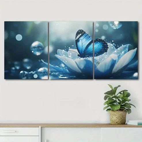3pcs Vibrant Blue Butterfly on White Lotus Perfect Wall Art Canvas Unframed - High Quality Print 100% Australian Made Wall Canvas